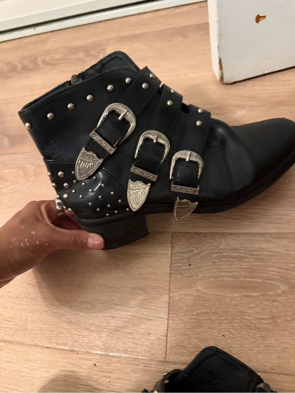 Black Studded Ankle Boots with Silver Buckles - Women